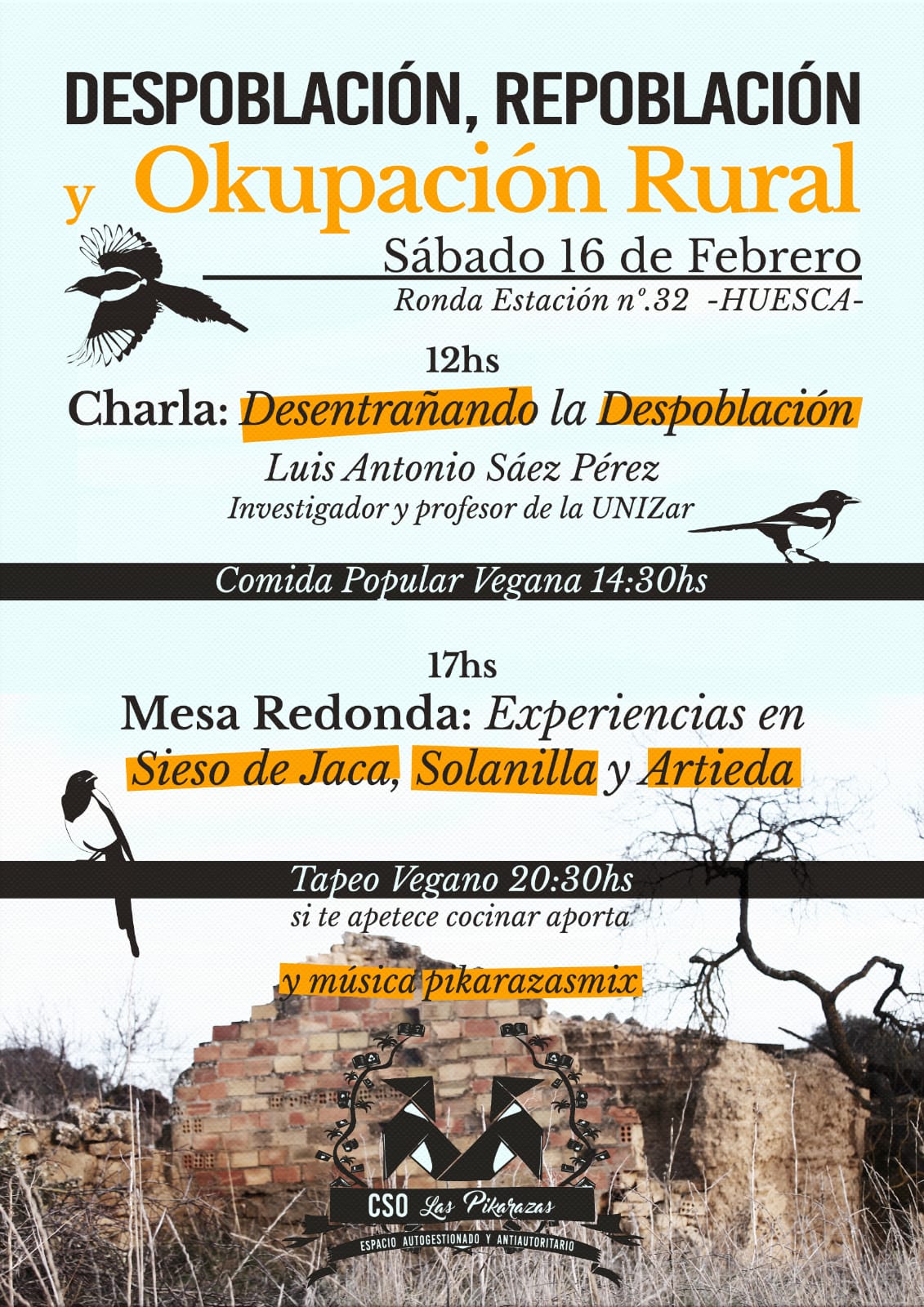 Cartel conferencia Huesca | Despoblación, repoblación y okupación rural